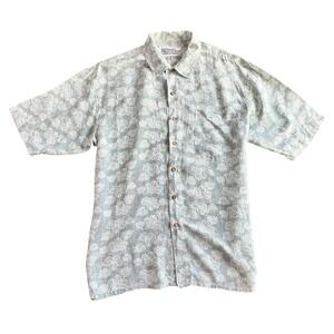 New York Sportswear Mens Large 100% Silk Floral Hawaiian Shirt Sage‎ Green